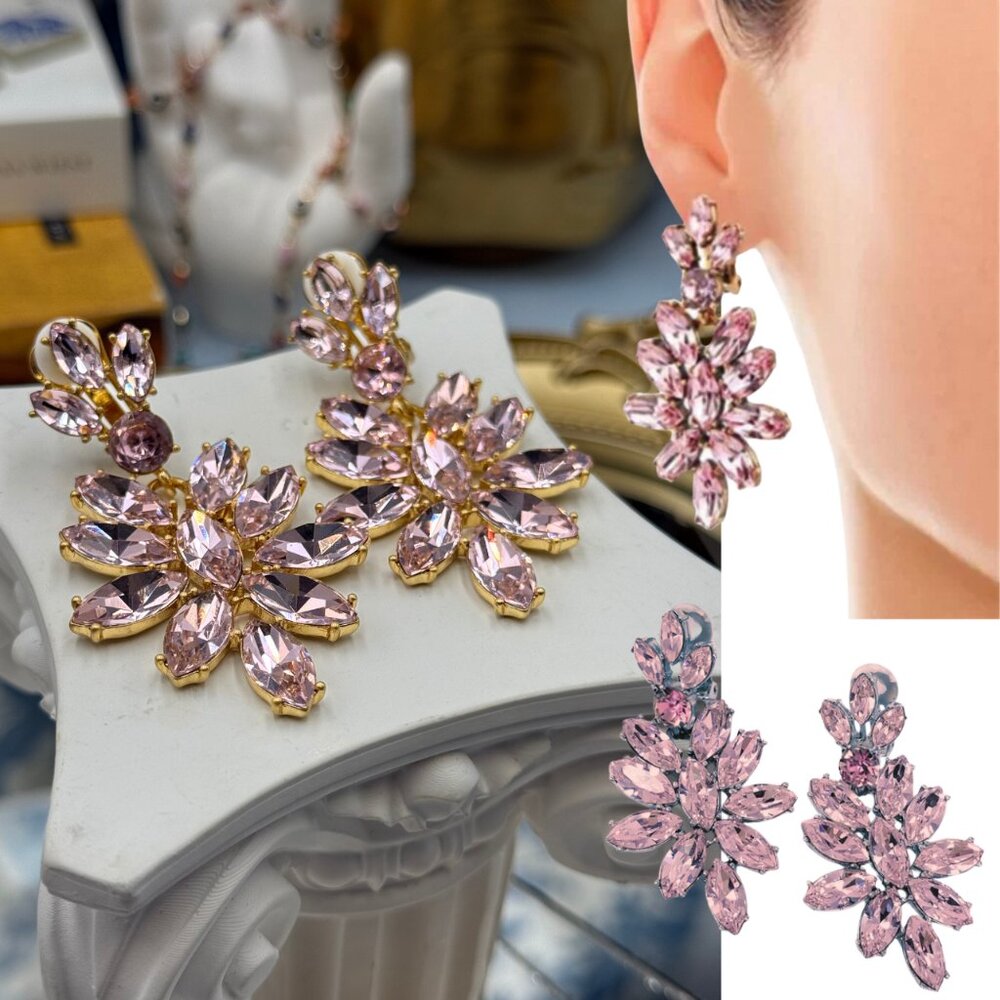🆕 OSCAR DE LA RENTA 🧿 NWOT Baby Pink Crystal Chandelier Drop Clip on Earrings